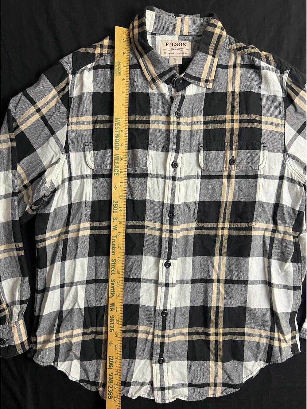 Filson Scout Flannel Button Up Shirt Plaid Mens L Black Gold White Cotton - Picture 8 of 10